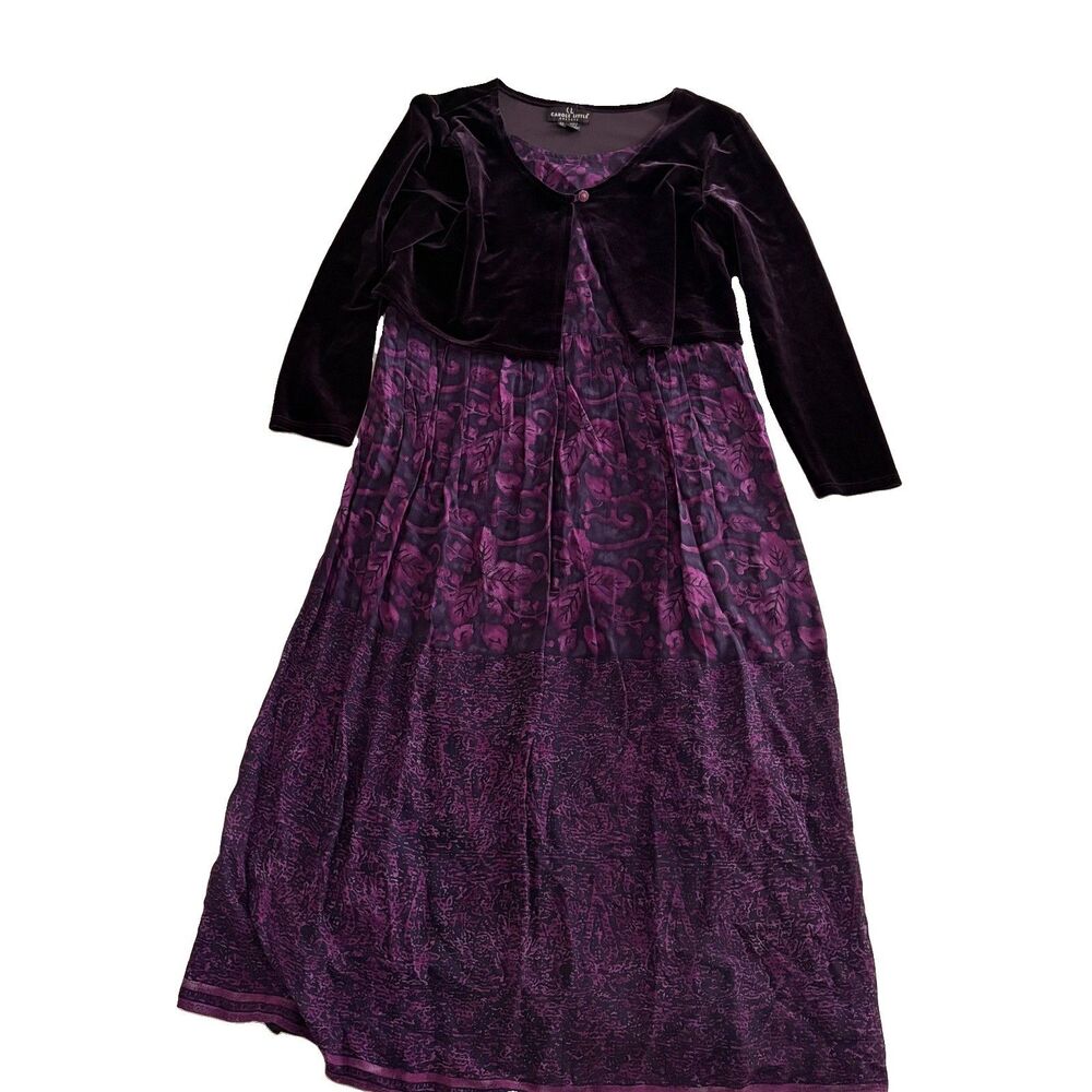 Vtg 90s Carole Little Purple Floral Maxi Dress Velvet Shrug Witchy Fall Sash 12